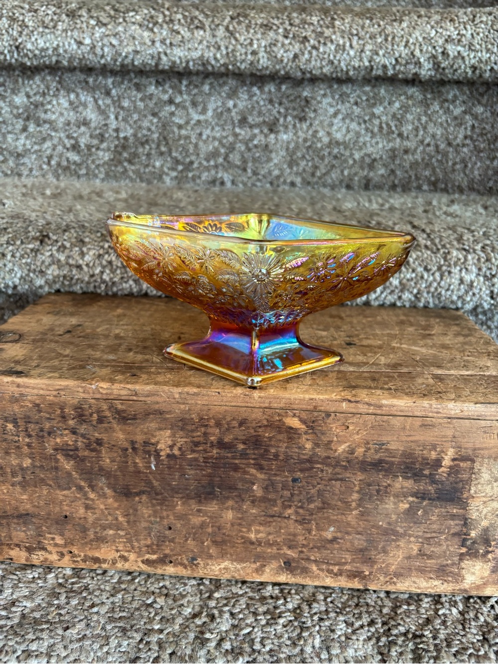 Carnival Glass Footed Bowl - Iridescent Amber Home Art